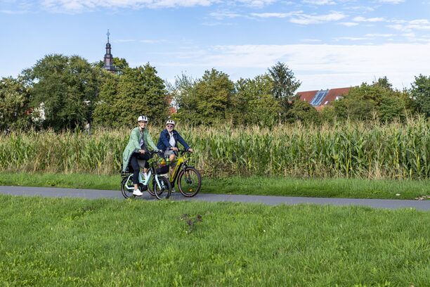 Zwei Radfahrer vor einem Maisfeld